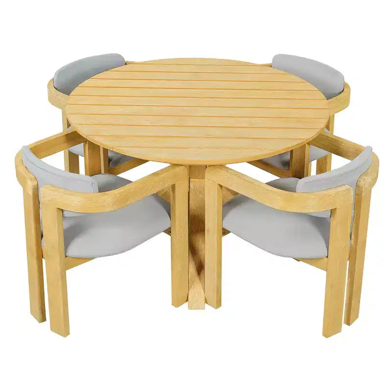 ModernLuxe 5pcs Outdoor Acacia Wood Round Dining Table Set, 47 Patio Table with 4 Cushioned Barrel Chairs for Garden/Patio/Backyard