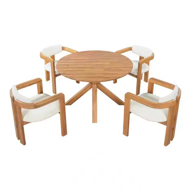 ModernLuxe 5pcs Outdoor Acacia Wood Round Dining Table Set, 47 Patio Table with 4 Cushioned Barrel Chairs for Garden/Patio/Backyard