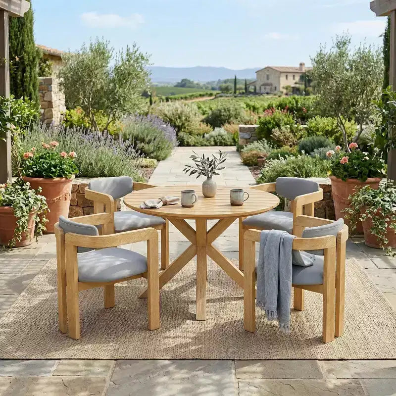 Set da pranzo da esterno ModernLuxe composto da 5 pezzi in legno di acacia, con tavolo rotondo da patio da 47" e 4 poltroncine imbottite per giardino/patio/cortile