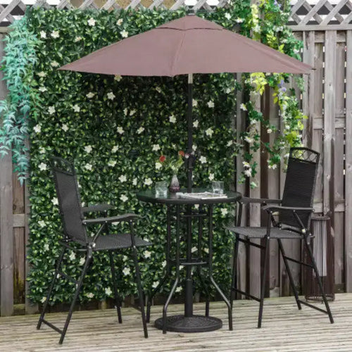 4-teiliges Outdoor-Terrassen-Ess-Set mit Tisch aus gehärtetem Glas mit Wellenstruktur, 2 Klappstühlen und Sonnenschirm mit verstellbarem Neigungswinkel für Terrasse und Garten - Schwarz