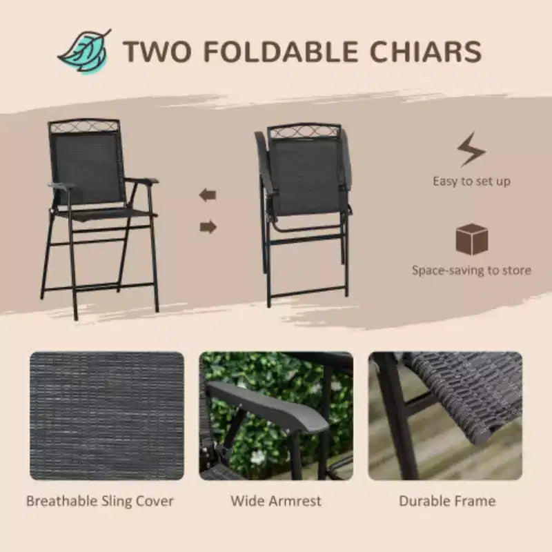 4-Piece Outdoor Patio Dining Set with Wave-Textured Tempered Glass Table, 2 Folding Chairs & Adjustable Angle Umbrella for Patio Garden - Black