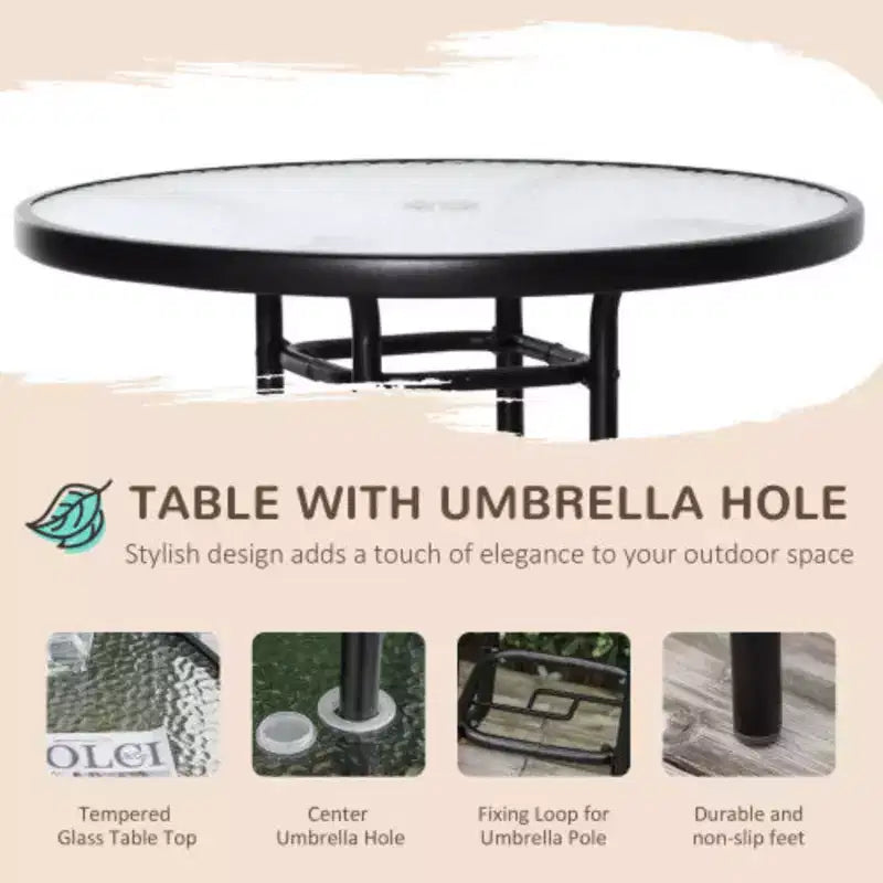4-Piece Outdoor Patio Dining Set with Wave-Textured Tempered Glass Table, 2 Folding Chairs & Adjustable Angle Umbrella for Patio Garden - Black