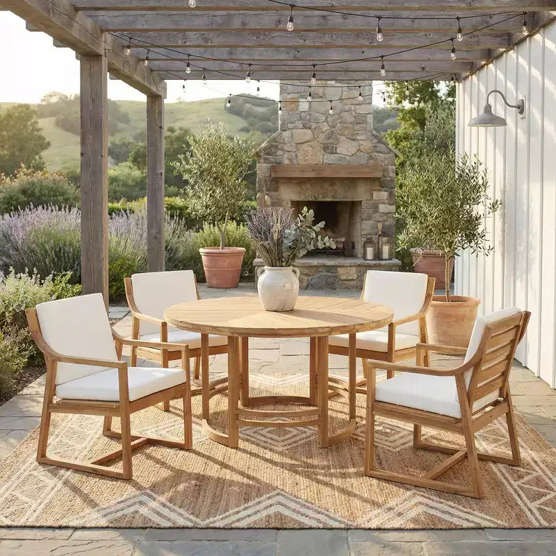 GDFStudio Rhodes 5-teiliges Esszimmerset aus Akazienholz für die Terrasse mit Sonnenschirmöffnung