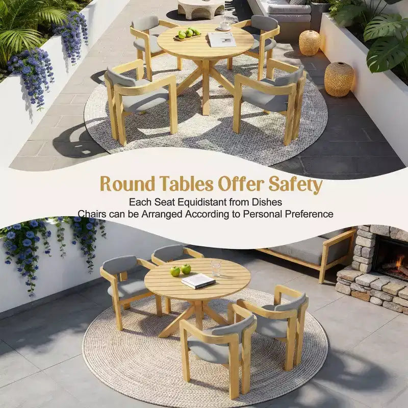 Christopher Knight Home Sandy 5 Piece Rustic Outdoor Acacia Wood Dining Set with 4 Barrel Upholstered Chairs and 1 Round Slatted Table