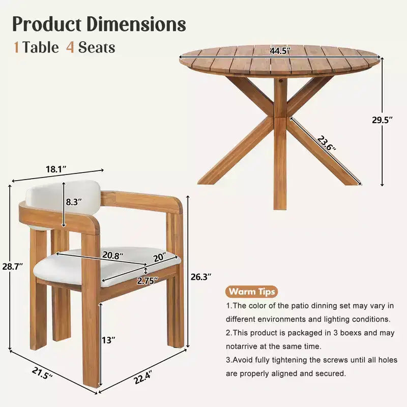 Christopher Knight Home Sandy 5 Piece Rustic Outdoor Acacia Wood Dining Set with 4 Barrel Upholstered Chairs and 1 Round Slatted Table