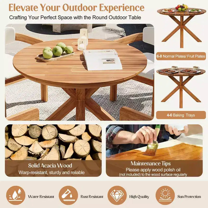 Christopher Knight Home Sandy 5 Piece Rustic Outdoor Acacia Wood Dining Set with 4 Barrel Upholstered Chairs and 1 Round Slatted Table