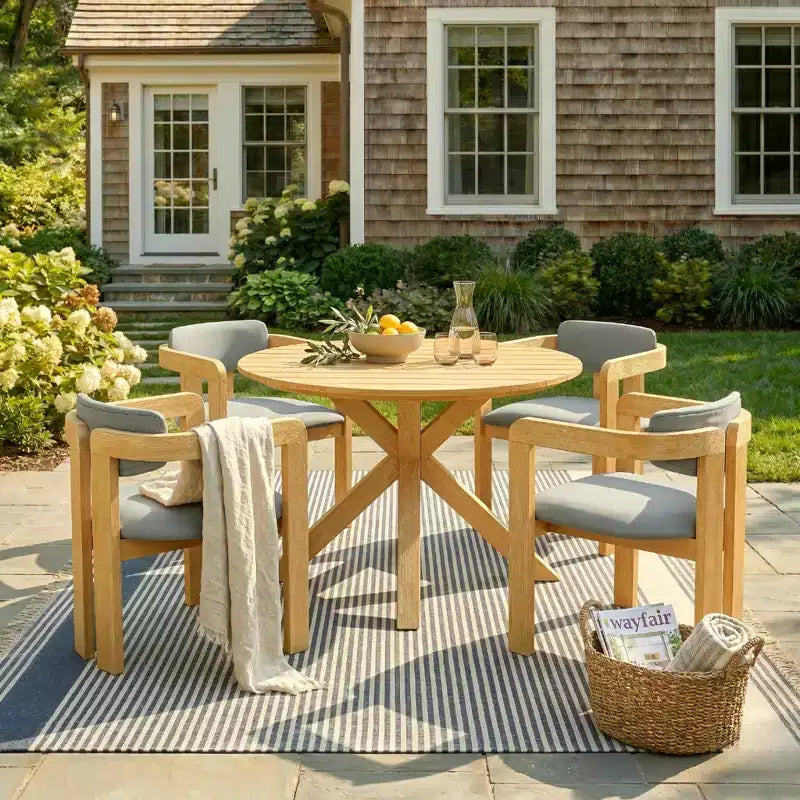 Christopher Knight Home Sandy 5-teiliges rustikales Esszimmer-Set für den Außenbereich aus Akazienholz mit 4 gepolsterten Fassstühlen und 1 runden Tisch mit Lattenplatte