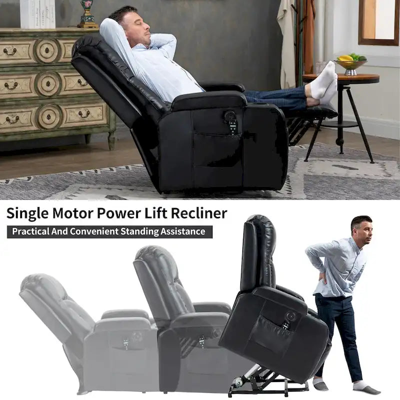 Black PU Leather Power Lift Recliner, 8-Point Massage, Heated, USB