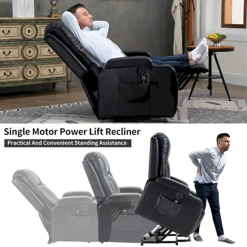 Schwarzer elektrischer Aufstehsessel aus PU-Leder, 8-Punkt-Massage, beheizt, USB
