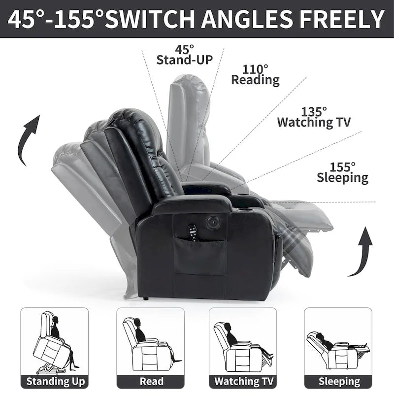 Black PU Leather Power Lift Recliner, 8-Point Massage, Heated, USB
