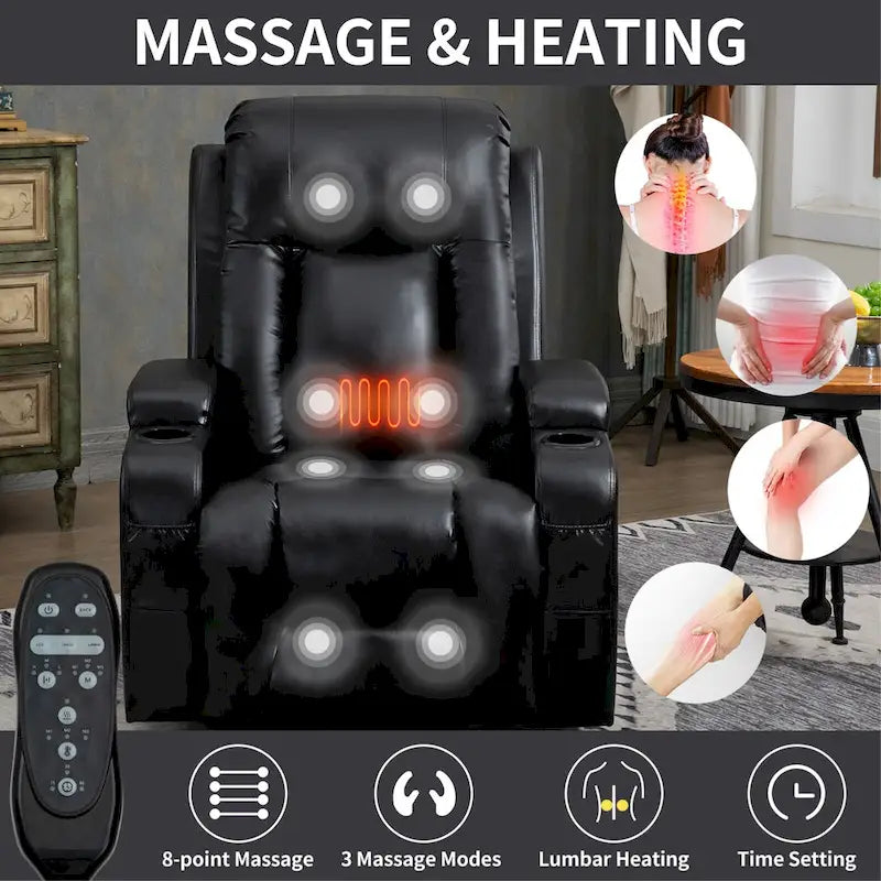 Black PU Leather Power Lift Recliner, 8-Point Massage, Heated, USB