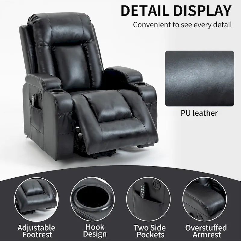 Black PU Leather Power Lift Recliner, 8-Point Massage, Heated, USB
