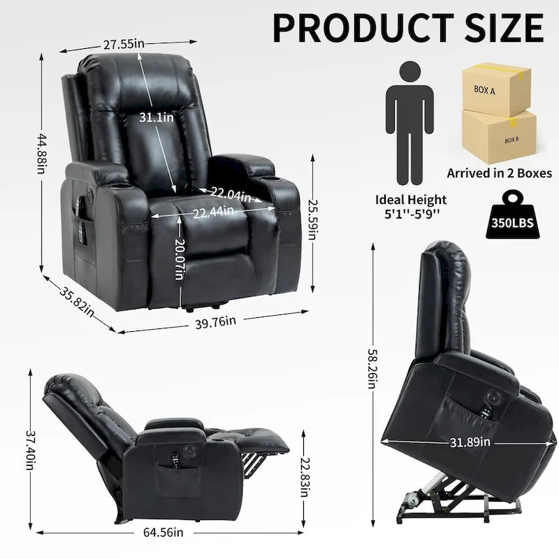 Black PU Leather Power Lift Recliner, 8-Point Massage, Heated, USB