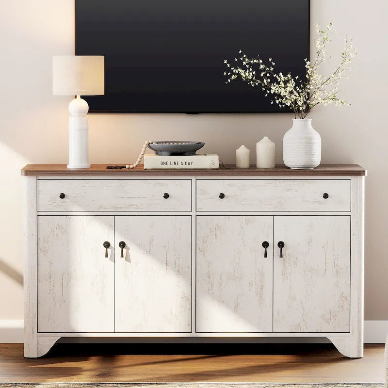 59 Farmhouse TV Stand for 65 inch TV, Wood Entertainment Center with 2 Drawers and Storage Cabinets, Adjustable Shelves