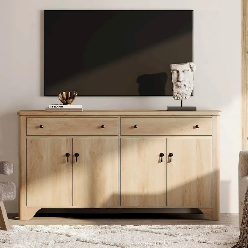 59 Farmhouse TV Stand for 65 inch TV, Wood Entertainment Center with 2 Drawers and Storage Cabinets, Adjustable Shelves