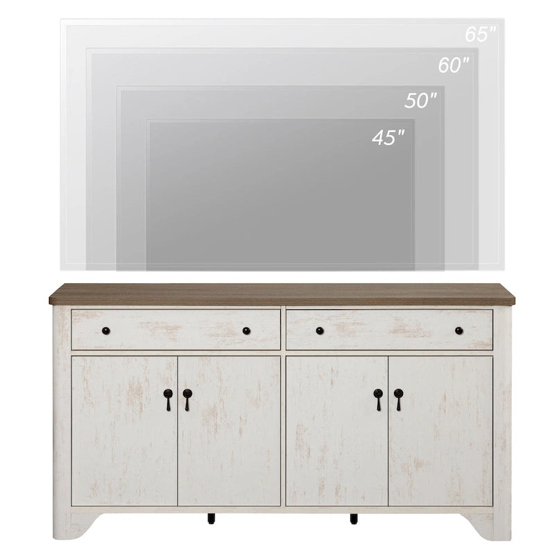 59 Farmhouse TV Stand for 65 inch TV, Wood Entertainment Center with 2 Drawers and Storage Cabinets, Adjustable Shelves