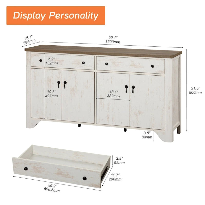 59 Farmhouse TV Stand for 65 inch TV, Wood Entertainment Center with 2 Drawers and Storage Cabinets, Adjustable Shelves