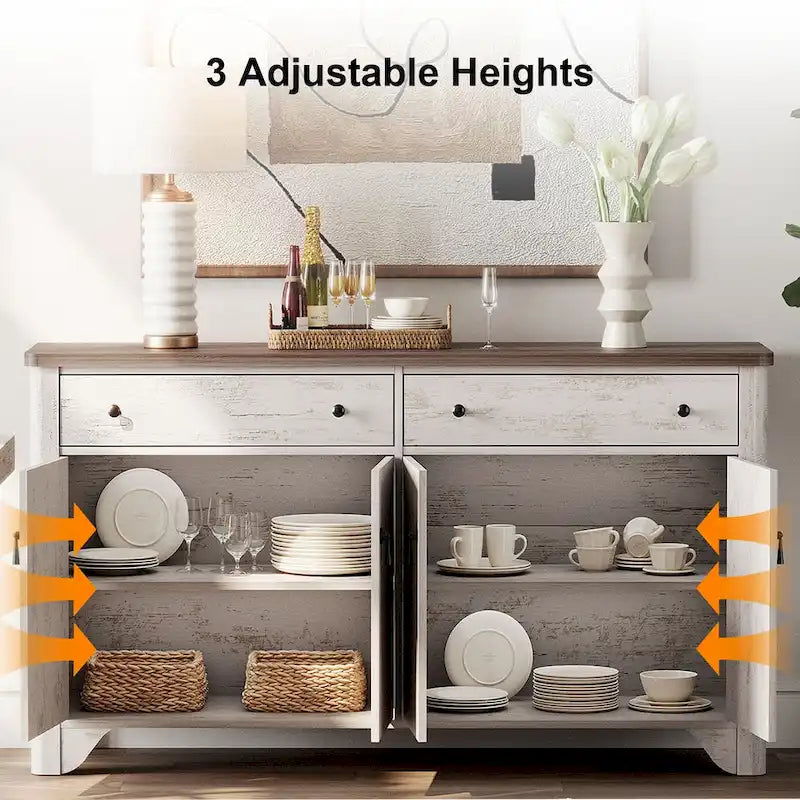 59 Farmhouse TV Stand for 65 inch TV, Wood Entertainment Center with 2 Drawers and Storage Cabinets, Adjustable Shelves