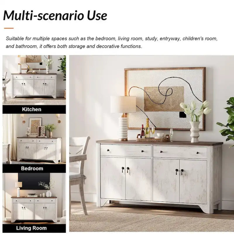59 Farmhouse TV Stand for 65 inch TV, Wood Entertainment Center with 2 Drawers and Storage Cabinets, Adjustable Shelves