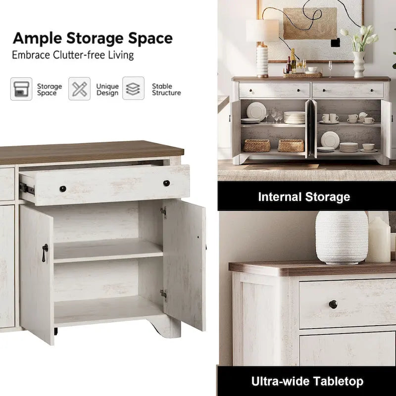 59 Farmhouse TV Stand for 65 inch TV, Wood Entertainment Center with 2 Drawers and Storage Cabinets, Adjustable Shelves