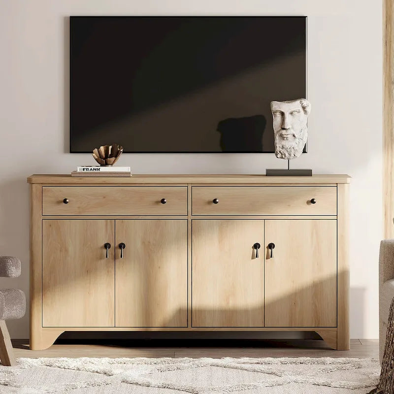59 Farmhouse TV Stand for 65 inch TV, Wood Entertainment Center with 2 Drawers and Storage Cabinets, Adjustable Shelves