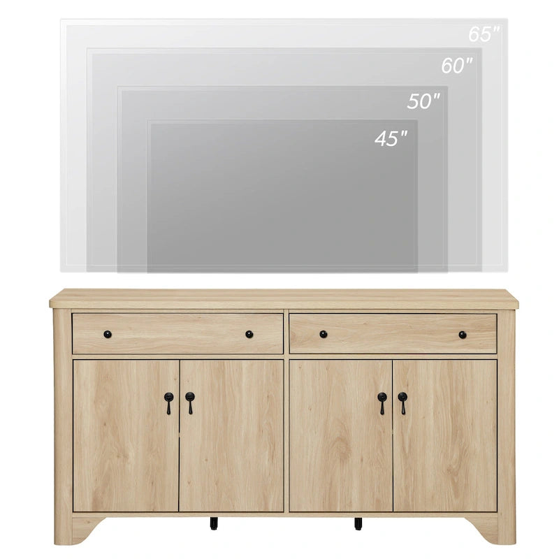 59 Farmhouse TV Stand for 65 inch TV, Wood Entertainment Center with 2 Drawers and Storage Cabinets, Adjustable Shelves