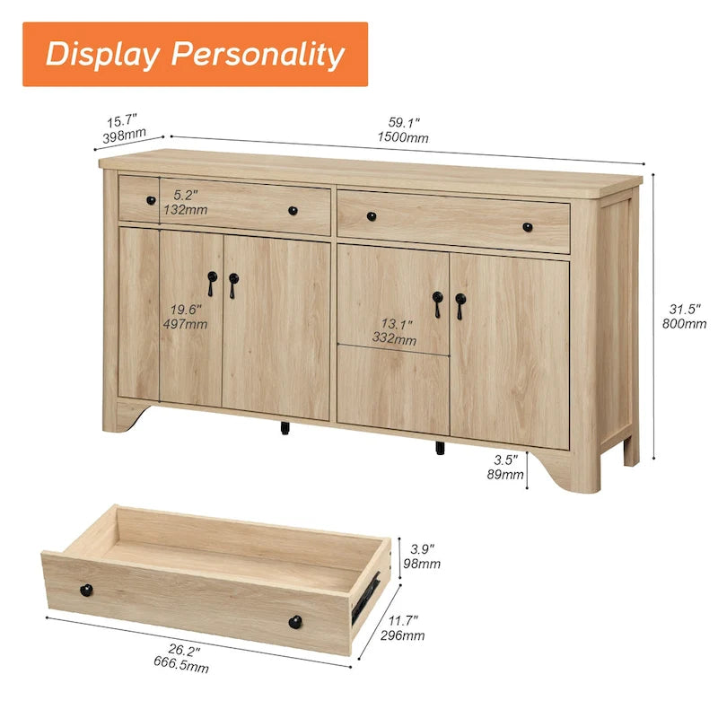 59 Farmhouse TV Stand for 65 inch TV, Wood Entertainment Center with 2 Drawers and Storage Cabinets, Adjustable Shelves