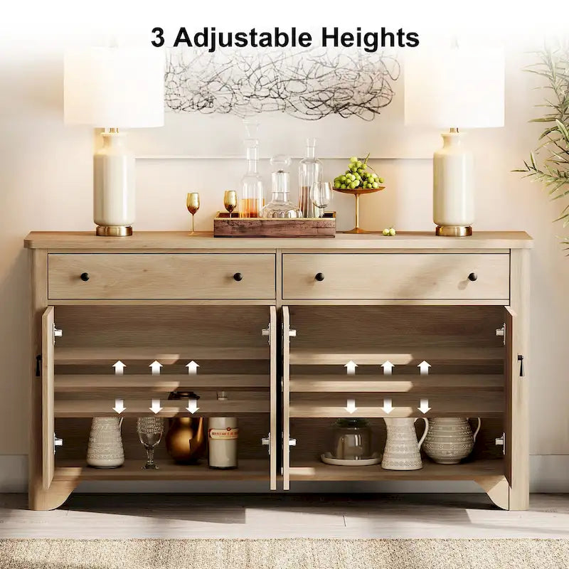 59 Farmhouse TV Stand for 65 inch TV, Wood Entertainment Center with 2 Drawers and Storage Cabinets, Adjustable Shelves