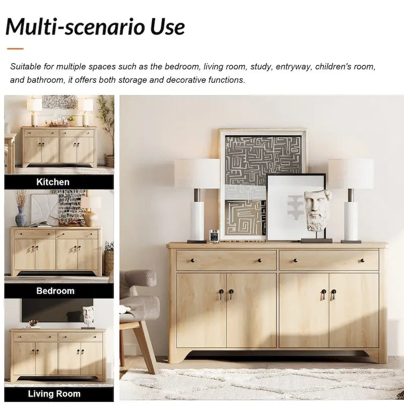 59 Farmhouse TV Stand for 65 inch TV, Wood Entertainment Center with 2 Drawers and Storage Cabinets, Adjustable Shelves
