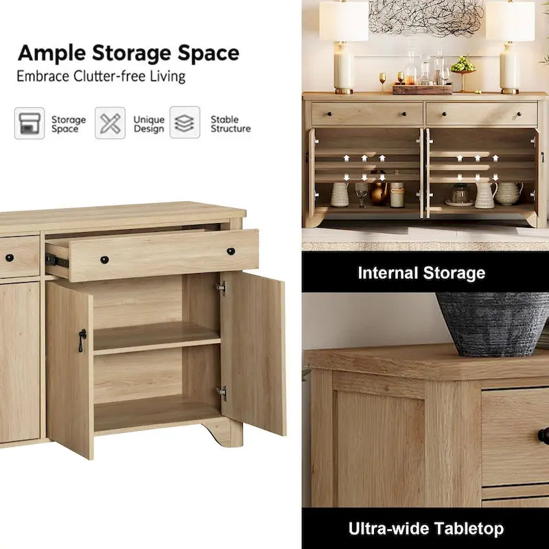 59 Farmhouse TV Stand for 65 inch TV, Wood Entertainment Center with 2 Drawers and Storage Cabinets, Adjustable Shelves