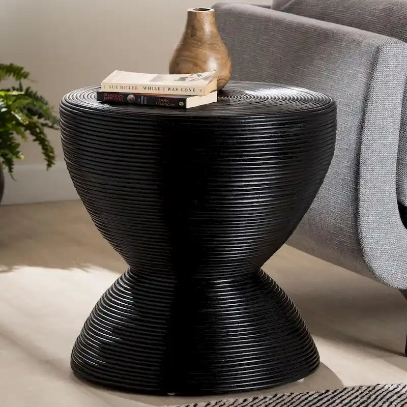 Laminated Natural Rattan Side Table - Hourglass Table with Sculptural Design, Boho Chic Style for Living Room