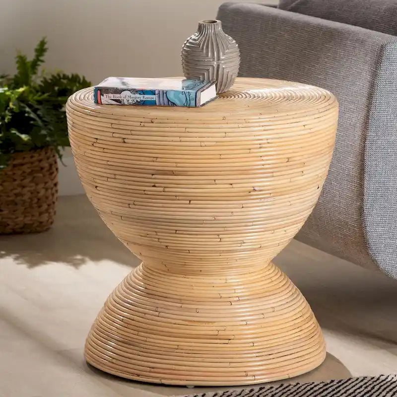Laminated Natural Rattan Side Table - Hourglass Table with Sculptural Design, Boho Chic Style for Living Room