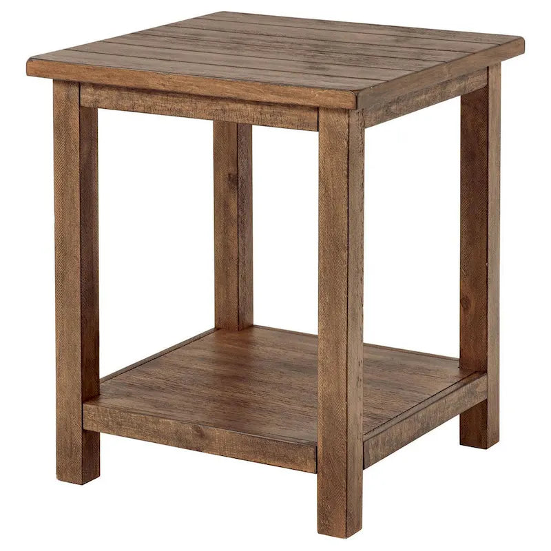 Side End Table, 1 Shelf, Distressed Brown Wood, Square 20 Inch