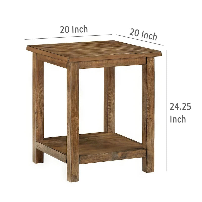 Side End Table, 1 Shelf, Distressed Brown Wood, Square 20 Inch
