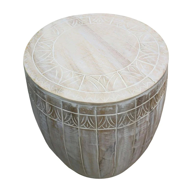 Side End Table with 16 Inch Round Top, In Antique White Mango Wood