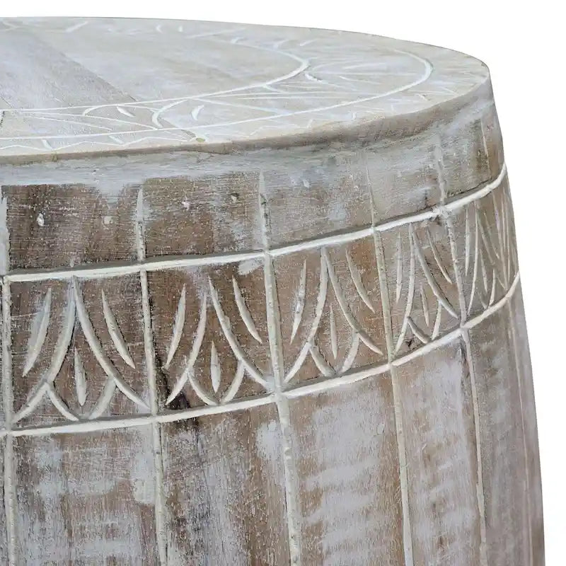 Side End Table with 16 Inch Round Top, In Antique White Mango Wood