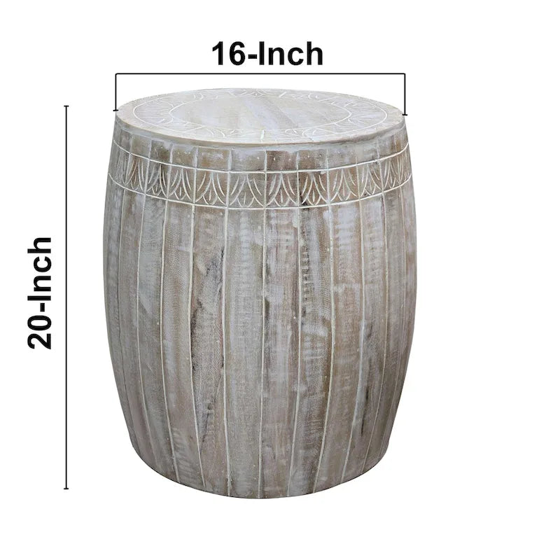 Side End Table with 16 Inch Round Top, In Antique White Mango Wood