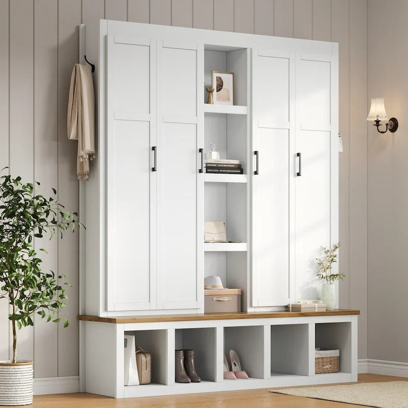 Farmhouse-Style 4-in-1 Hall Tree with Mudroom Bench