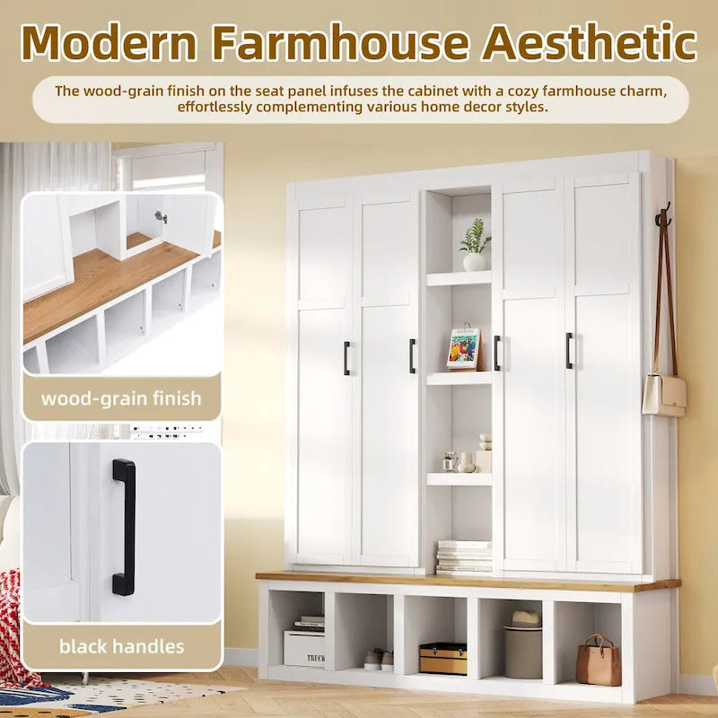 Farmhouse-Style 4-in-1 Hall Tree with Mudroom Bench