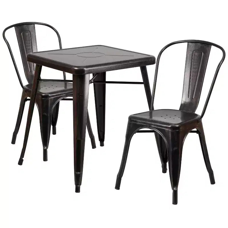 Flash Furniture Gewerbliche Metall-Tischgarnitur für drinnen und draußen, quadratisch, 23.75, mit 2 stapelbaren Stühlen