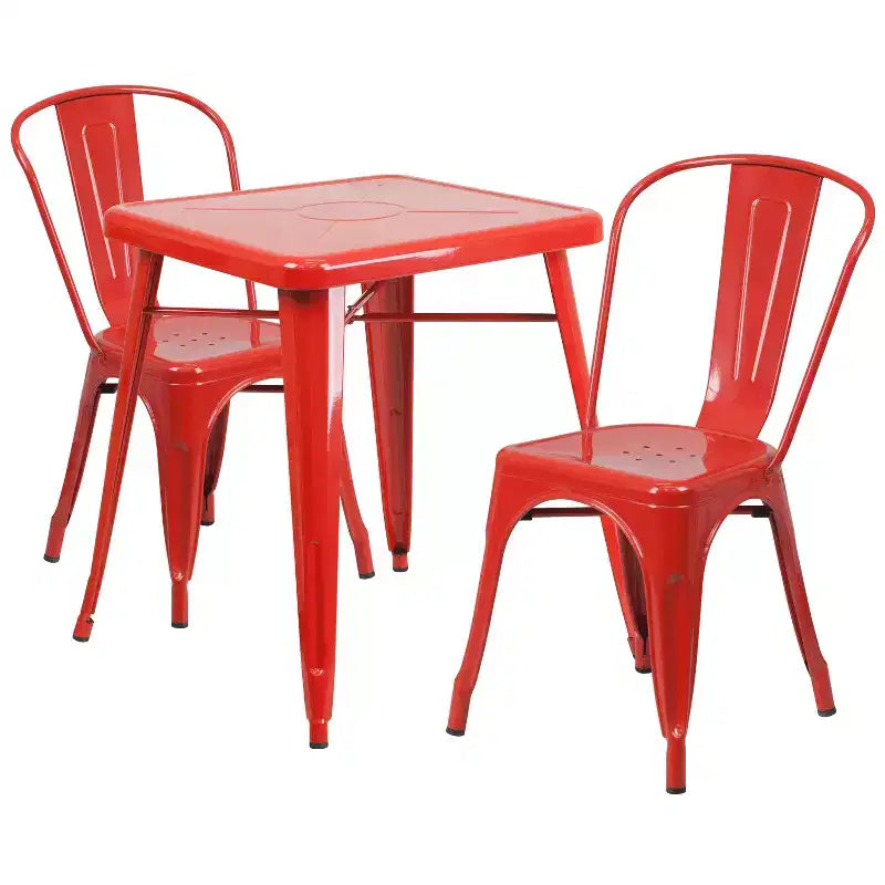 Flash Furniture Gewerbliche Metall-Tischgarnitur für drinnen und draußen, quadratisch, 23.75, mit 2 stapelbaren Stühlen