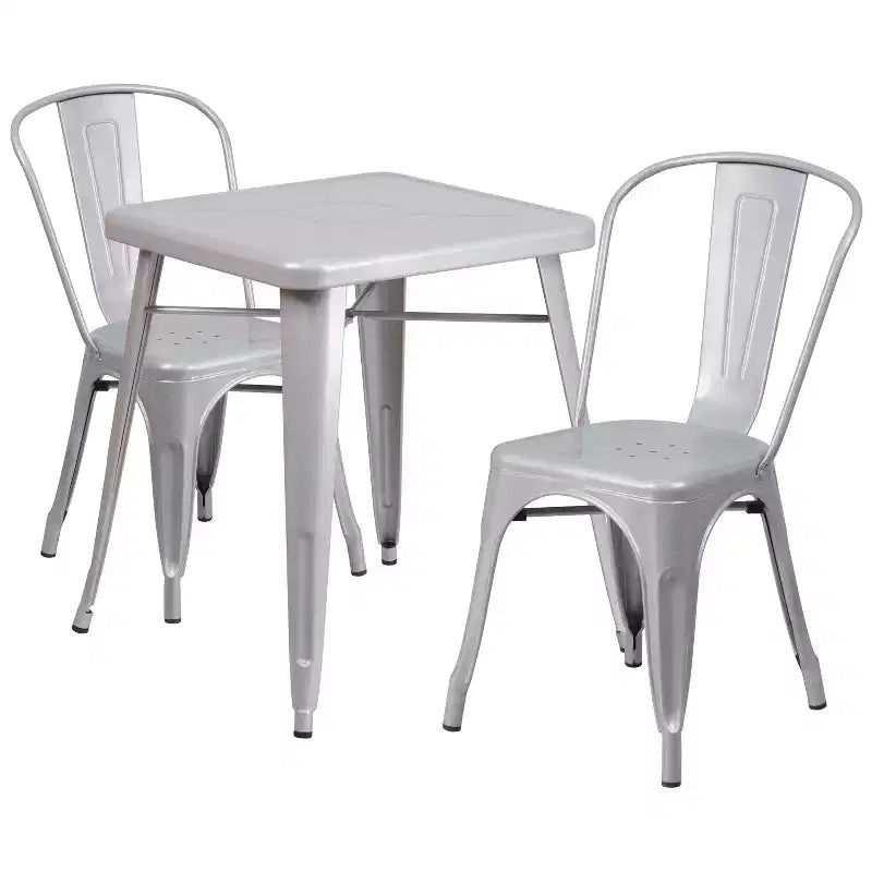 Flash Furniture Gewerbliche Metall-Tischgarnitur für drinnen und draußen, quadratisch, 23.75, mit 2 stapelbaren Stühlen