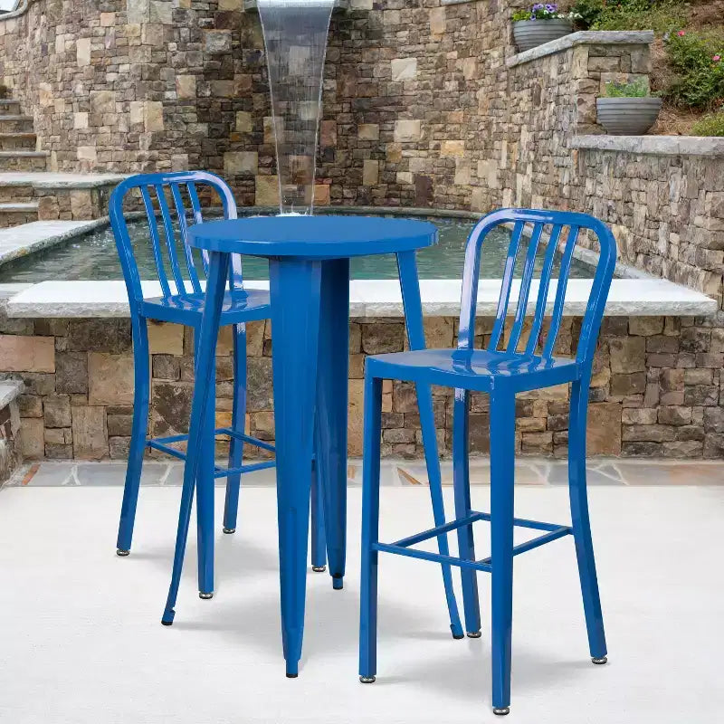 Flash Furniture Commercial Grade 24 Round Metal Indoor-Outdoor Bar Table Set with 2 Vertical Slat Back Stools