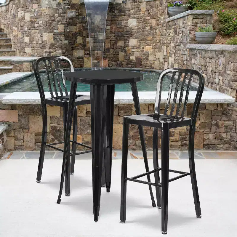 Flash Furniture Commercial Grade 24 Round Metal Indoor-Outdoor Bar Table Set with 2 Vertical Slat Back Stools