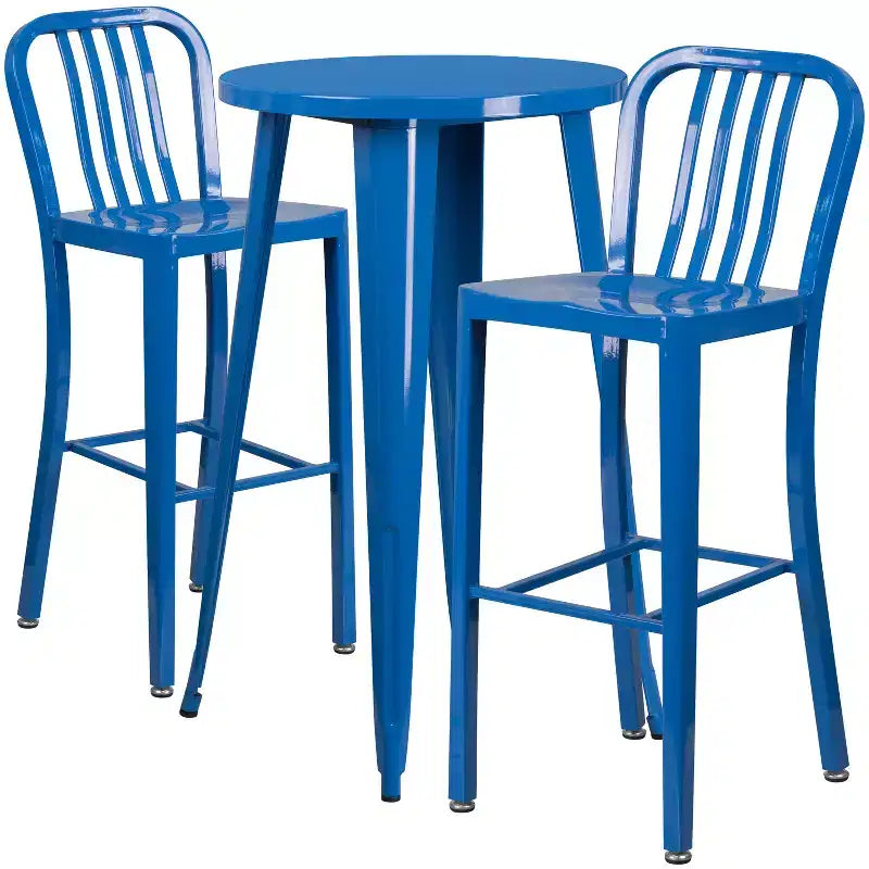 Flash Furniture Bar-Tischset aus Metall, gewerbliche Qualität, 24 rund, für Innen- und Außenbereiche, mit 2 Hockern mit vertikalen Lamellen in der Rückenlehne