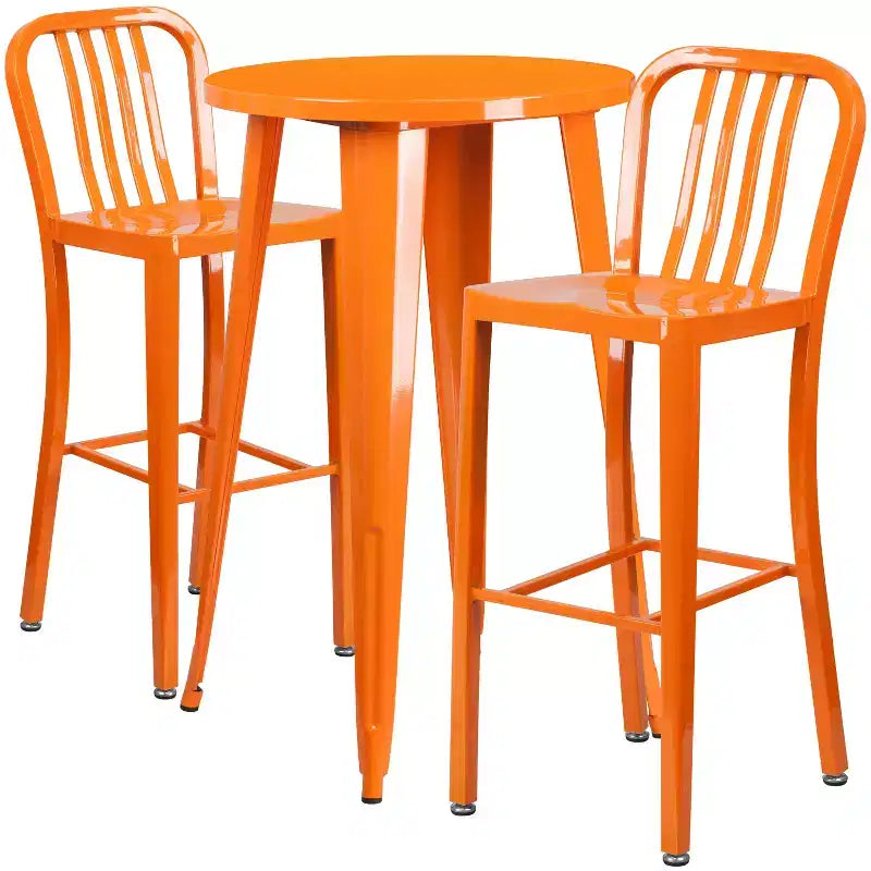 Flash Furniture Bar-Tischset aus Metall, gewerbliche Qualität, 24 rund, für Innen- und Außenbereiche, mit 2 Hockern mit vertikalen Lamellen in der Rückenlehne