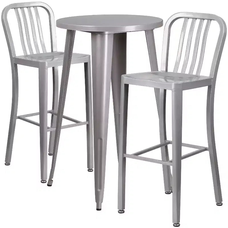 Flash Furniture Bar-Tischset aus Metall, gewerbliche Qualität, 24 rund, für Innen- und Außenbereiche, mit 2 Hockern mit vertikalen Lamellen in der Rückenlehne