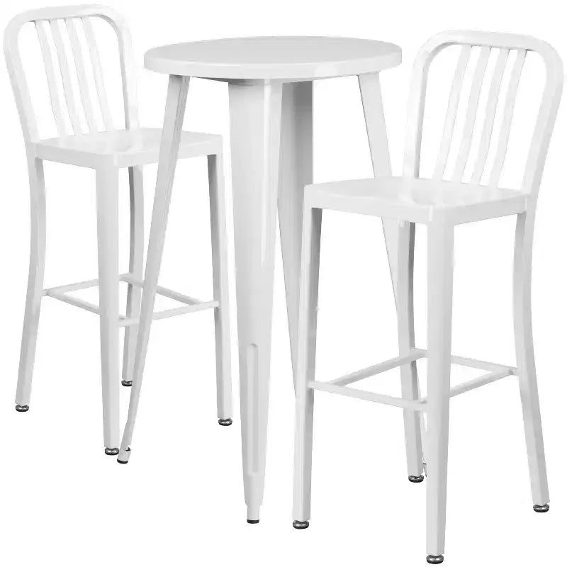 Flash Furniture Bar-Tischset aus Metall, gewerbliche Qualität, 24 rund, für Innen- und Außenbereiche, mit 2 Hockern mit vertikalen Lamellen in der Rückenlehne