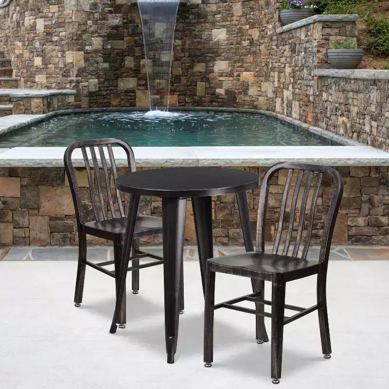 Flash Furniture Commercial Grade 24 Round Metal Indoor-Outdoor Table Set with 2 Vertical Slat Back Chairs