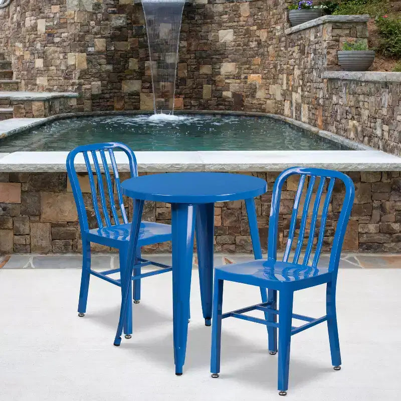 Flash Furniture Commercial Grade 24 Round Metal Indoor-Outdoor Table Set with 2 Vertical Slat Back Chairs